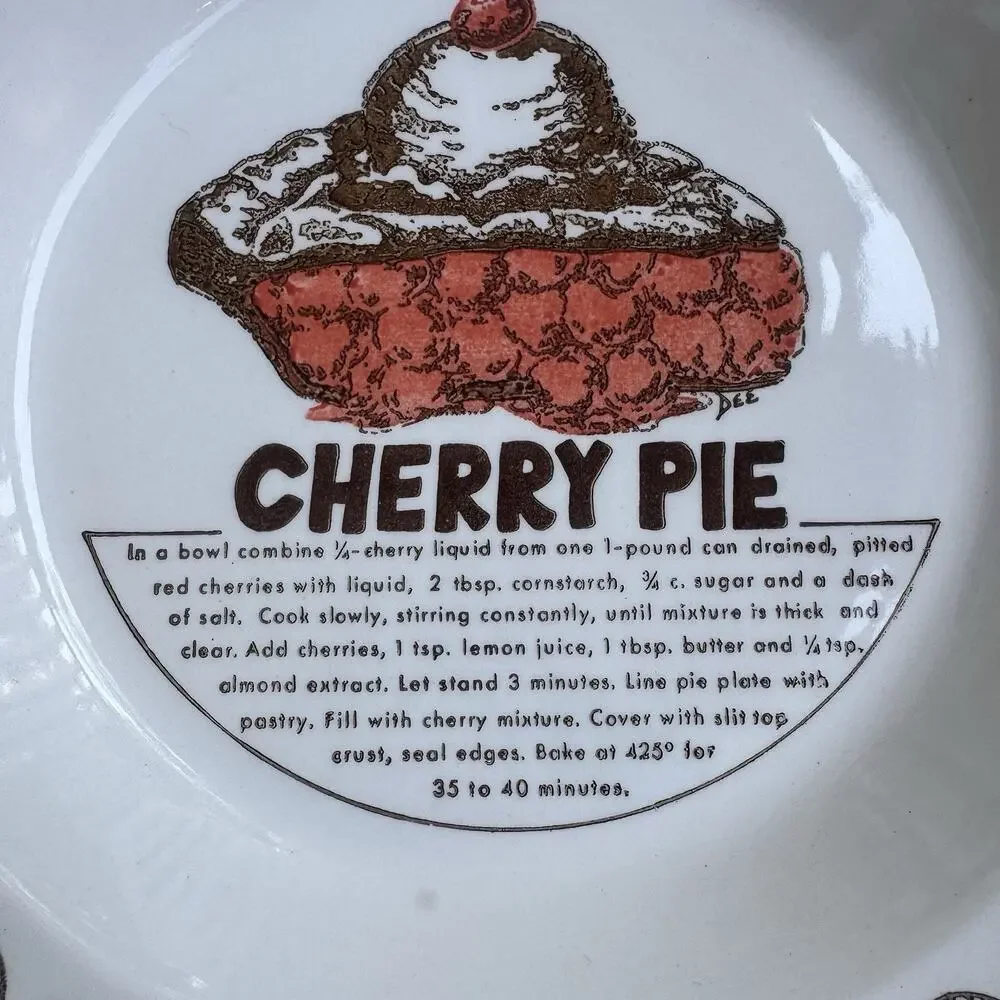 Vintage Cherry Pie Recipe Plate Ceramic Baking Dish Kitchen Decor Granny Cottage